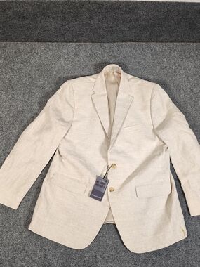 StudioSuits Beige Linen Suit 46R Chest 36R Waist Single-Breasted Notch Lapel